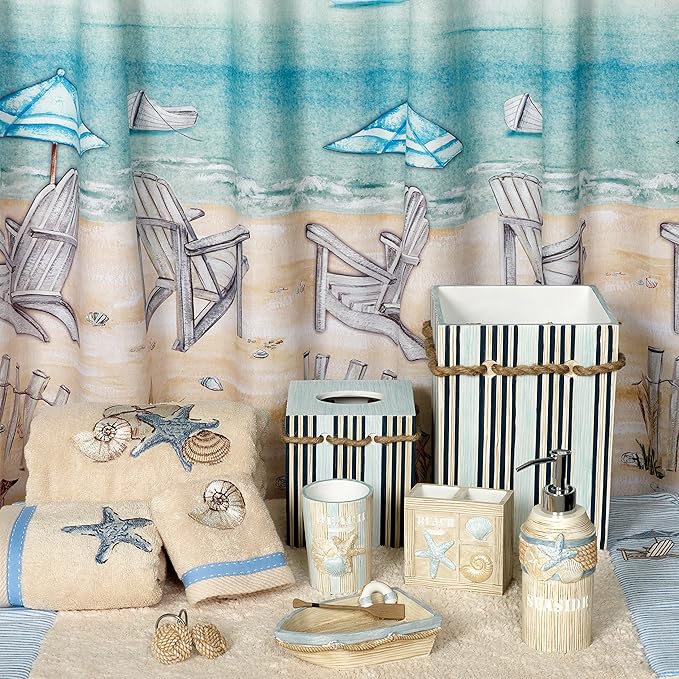 Zenna Home Seaside Serenity Bathroom Toothbrush Holder with Carved Resin Design, Holds Up to 4 Brushes, Electric Toothbrush Holder for Bathroom Decor with Hand-Painted Shells, Teal/Ivory