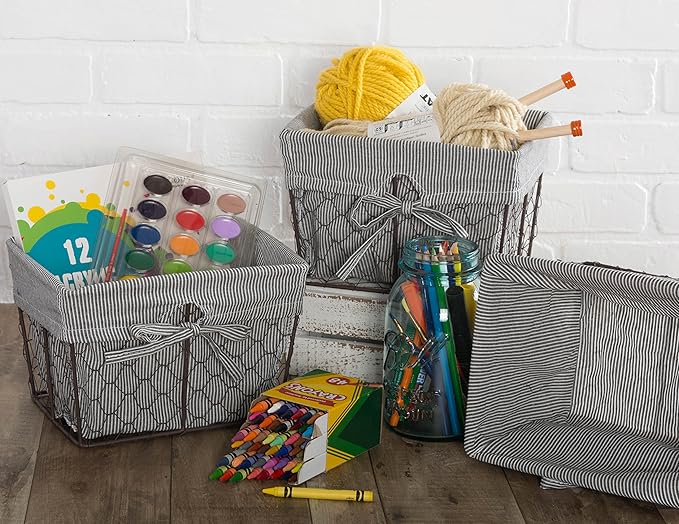 DII Farmhouse Chicken Wire Storage Baskets with Liner, Small, Rustic Black & White Ticking Stripe, 9x7x6", 3 Piece