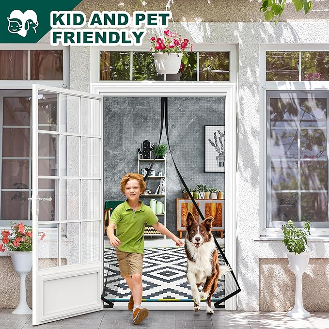 Adjustable Magnetic Screen Door Fit Door Size Width 29" - 33" Height 79" - 81", DIY Widen Heavy Duty Door Net Screen Mesh with Strong Magnet for Front Back, Black