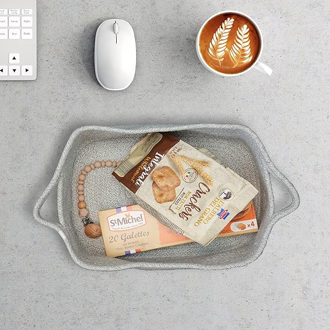 Woven Cotton Rope Storage Basket with Handles for Organizing Shelves Closet Small Cat Dog Pet Toy Baskets Box Bin Decorative Rectangle Baby Nursery basket Gift basket Empty(light grey)