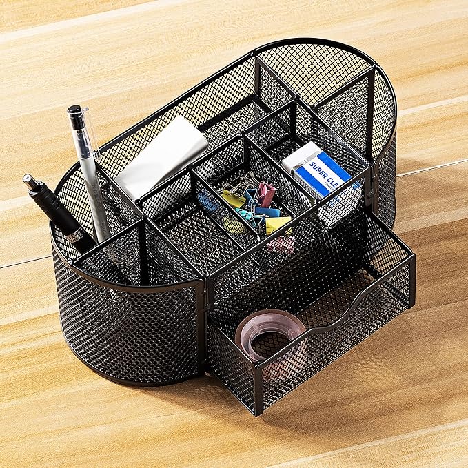 Amazon Basics Mesh Desk Organizer with Pen Holder, Pullout Drawer and Office Caddy Storage, 9.25" x 4.53" x 3.94", Black