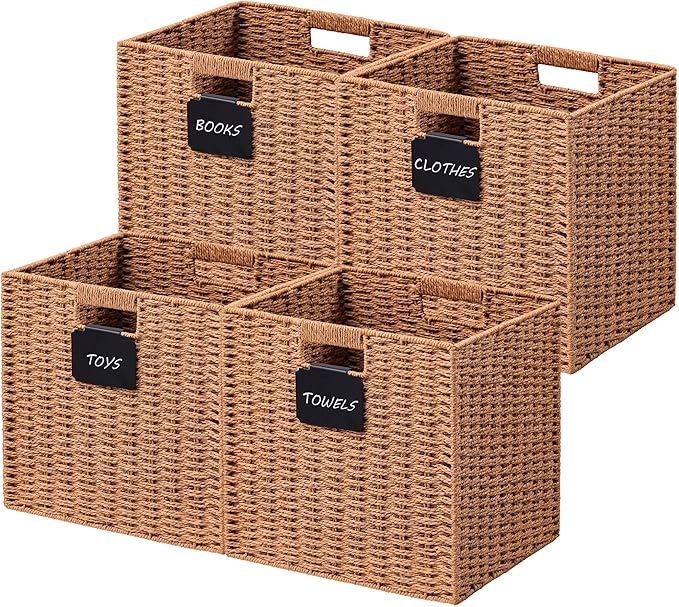UBBCARE 4 Pack Wicker Basket, 13×13 Storage Cubes with Label, Foldable Cube Storage Bin with Handle, Square Storage Basket for Shelves, Woven Paper Rope Basket for Organizing, Caramel