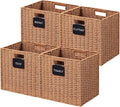 UBBCARE 4 Pack Wicker Basket, 13×13 Storage Cubes with Label, Foldable Cube Storage Bin with Handle, Square Storage Basket for Shelves, Woven Paper Rope Basket for Organizing, Caramel