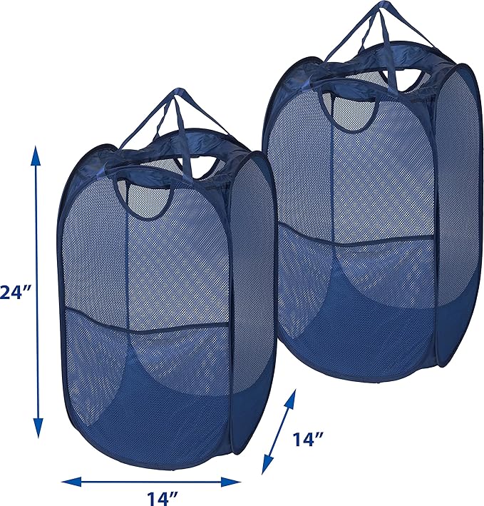 Simple Houseware Mesh Pop-Up Laundry Hamper Basket with Side Pocket, Dark Blue - 2 Pack