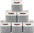 6-Pack Foldable Fabric Storage Cubes 11x11 Inch, Sturdy Cube Organizer Bins with Leather Handles, Storage Baskets for Closet Shelves and Home Organization(White/Gray)
