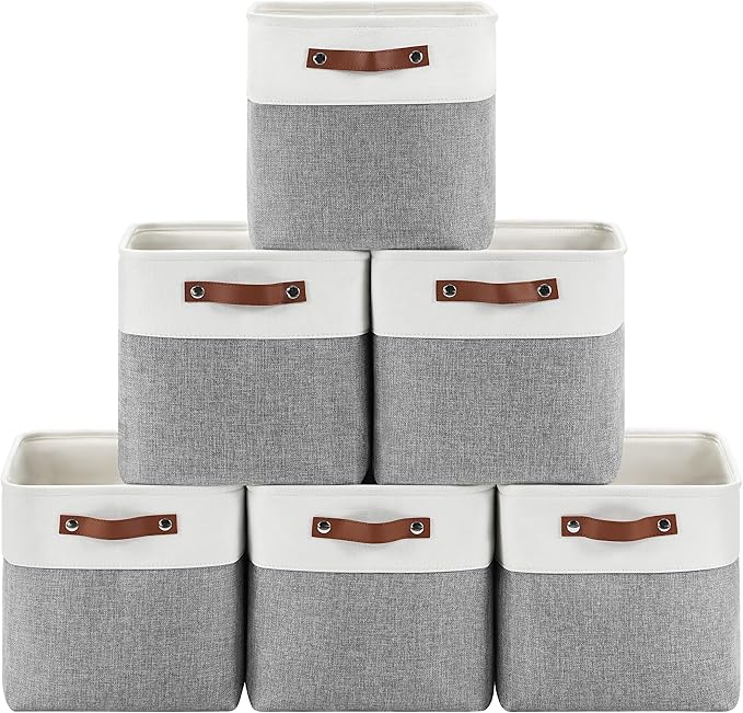 6-Pack Foldable Fabric Storage Cubes 11x11 Inch, Sturdy Cube Organizer Bins with Leather Handles, Storage Baskets for Closet Shelves and Home Organization(White/Gray)