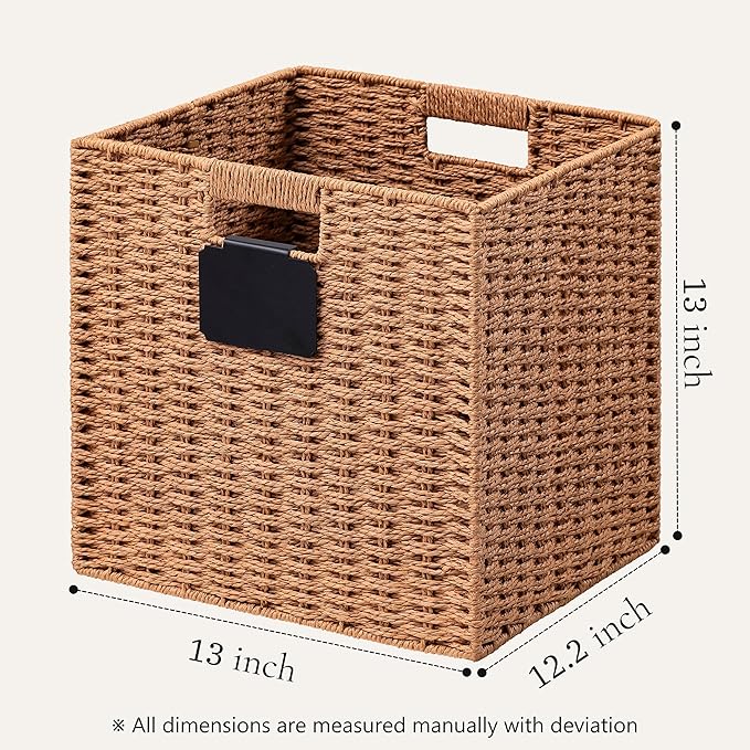 UBBCARE 4 Pack Wicker Basket, 13×13 Storage Cubes with Label, Foldable Cube Storage Bin with Handle, Square Storage Basket for Shelves, Woven Paper Rope Basket for Organizing, Caramel