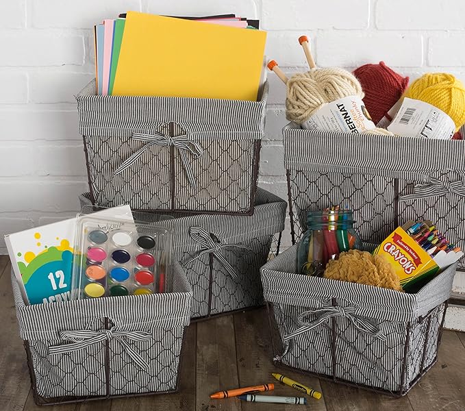 DII Farmhouse Chicken Wire Storage Baskets with Liner, Small, Rustic Black & White Ticking Stripe, 9x7x6", 3 Piece