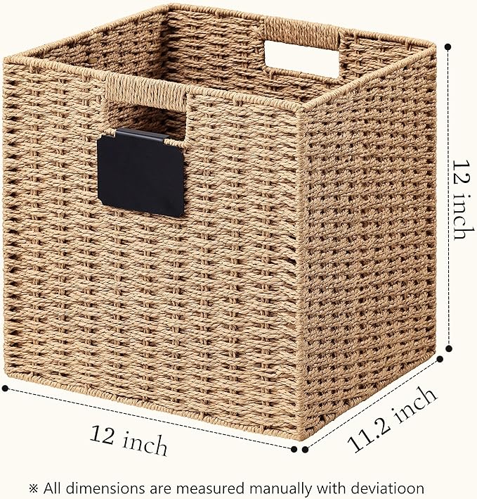 UBBCARE 4 Pack Wicker Basket, 12×12 Storage Cubes with Label, Foldable Cube Storage Bin with Handle, Square Storage Basket for Shelves, Woven Paper Rope Basket for Organizing, Light Brown