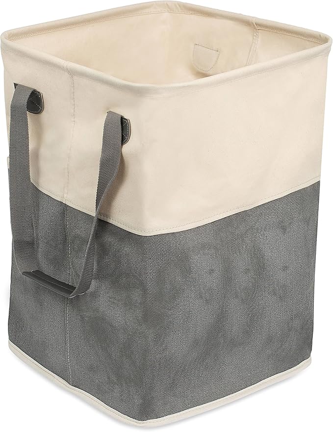 BirdRock Home Square Cloth Laundry Hamper with Handles - Dirty Clothes Sorter - Easy Storage - Foldable - Grey and White Canvas