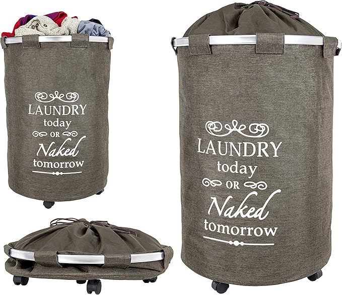 dbest products Bigger Laundry Trolley 360 Rolling Hamper Basket on wheels Bag Cart Large Capacity with Removable Liner for Dirty Clothes Drawstring Cover 4 Swivels, Brown