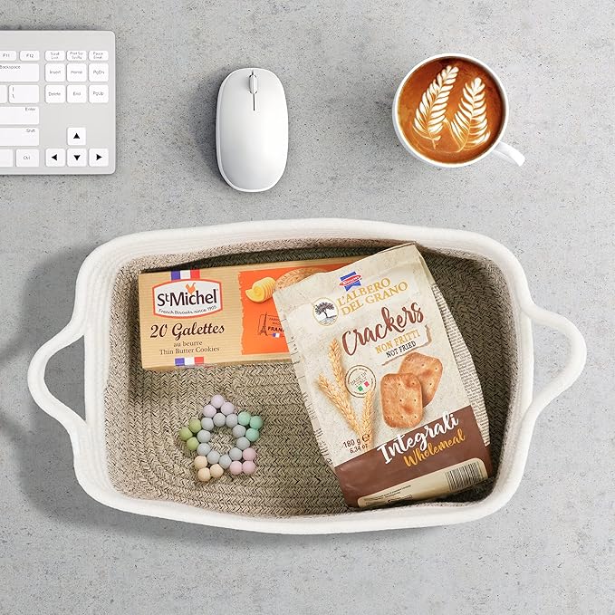 Woven Cotton Rope Storage Basket with Handles for Organizing Shelves Closet Small Cat Dog Pet Toy Baskets Box Bin Decorative Rectangle Baby Nursery Basket Gift Basket Empty