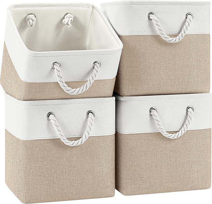 11 Inch Cube Storage Bins, 4 Pack Fabric Storage Cubes with Rope Handles, Organizer Baskets for Closet Shelves, Clothes and Home Organization(White/Khaki)