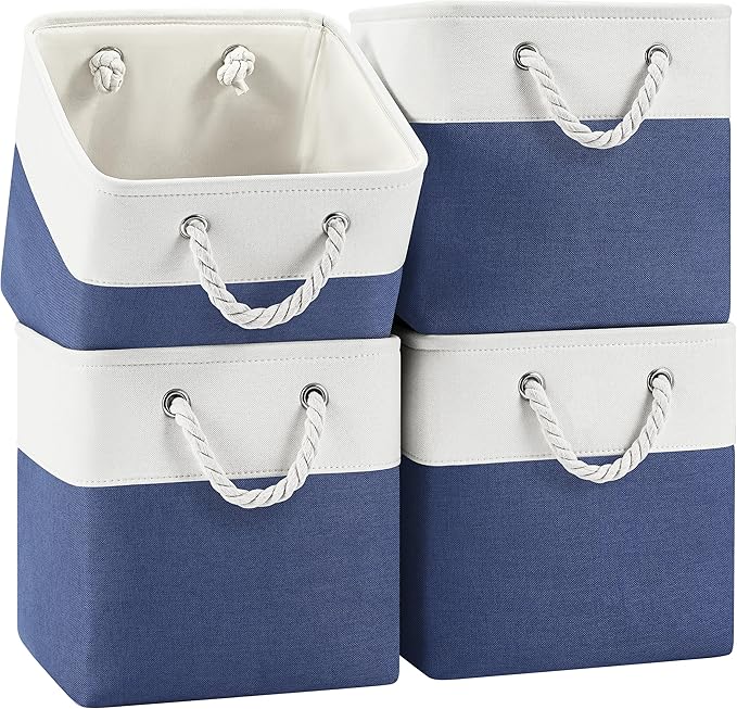 11 Inch Cube Storage Bins, 4 Pack Fabric Storage Cubes with Rope Handles, Organizer Baskets for Closet Shelves, Clothes and Home Organization(White/Blue)