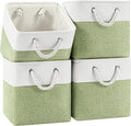 11 Inch Cube Storage Bins, 4 Pack Fabric Storage Cubes with Rope Handles, Organizer Baskets for Closet Shelves, Clothes and Home Organization(White/Green)