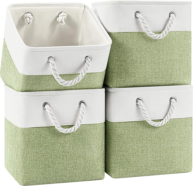 11 Inch Cube Storage Bins, 4 Pack Fabric Storage Cubes with Rope Handles, Organizer Baskets for Closet Shelves, Clothes and Home Organization(White/Green)