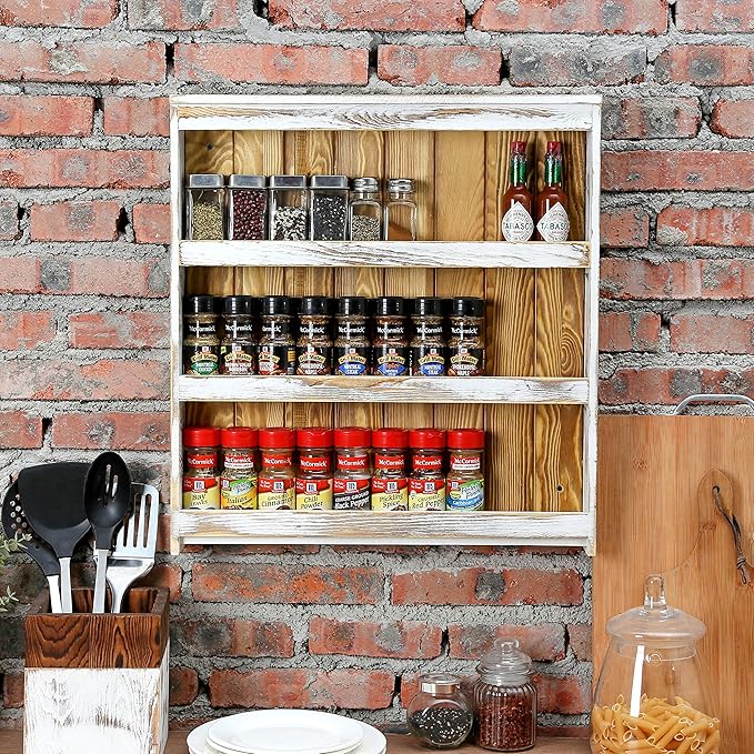 MyGift 3 Tier Spice Rack Wall Mount, Hanging Kitchen Pantry Storage Shelf for Seasoning Jars or Condiment Bottles, Shabby White Washed and Rustic Natural Burnt Solid Wood