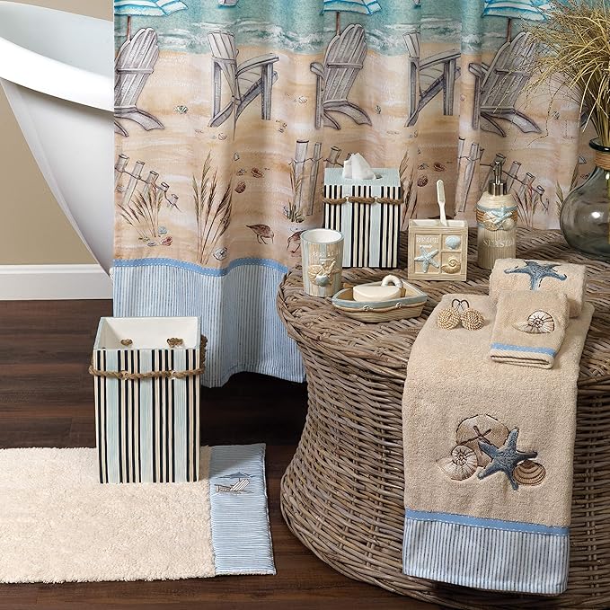 Zenna Home Seaside Serenity Bathroom Toothbrush Holder with Carved Resin Design, Holds Up to 4 Brushes, Electric Toothbrush Holder for Bathroom Decor with Hand-Painted Shells, Teal/Ivory
