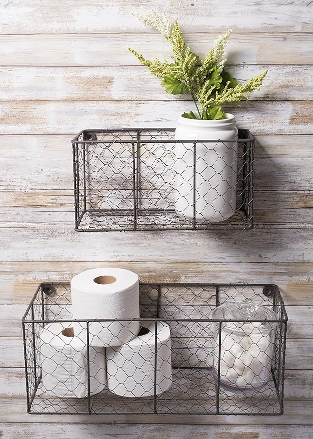 DII Chicken Wire Collection Farmhouse Vintage Wall Baskets, Medium Basket, Vintage Grey