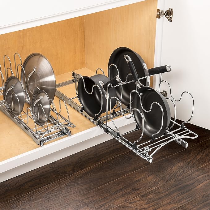 LYNK PROFESSIONAL® Pot and Pan Organizer for Cabinet - Pull Out Pan Organizer Rack - Slide Out Pans and Pots Lid Drawer - Under Cabinet Kitchen Organization and Sliding Storage - 11" W x 21" D, Chrome
