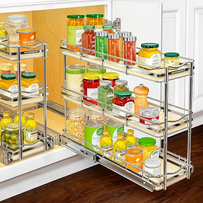 LYNK PROFESSIONAL® Élite™ Pull Out Spice Rack Organizer for Inside Kitchen Cabinets - 6" x 21" - Slide Out Drawer – Wood/Chrome Sliding Spice Organization for cabinet - Spice Racks - 6 Tier