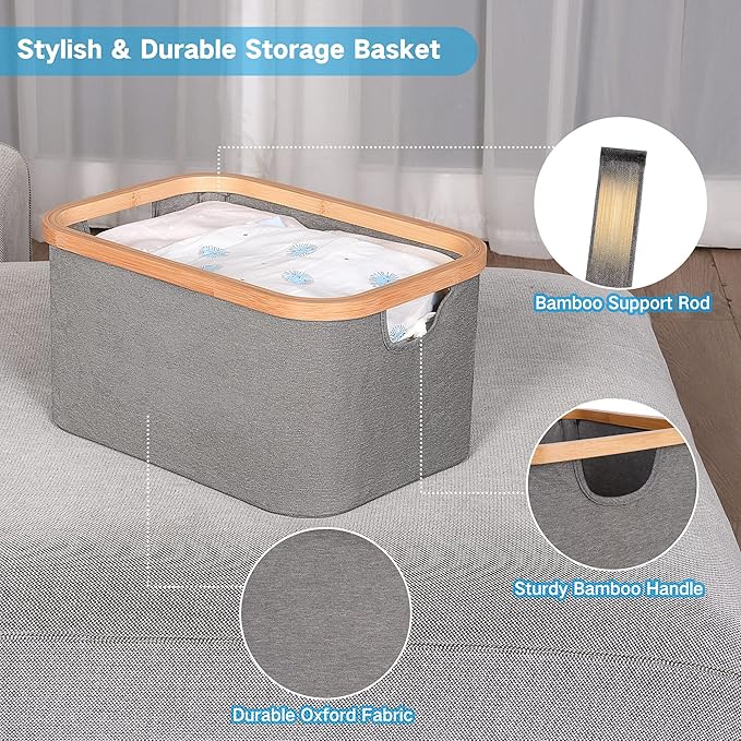 efluky Storage Baskets for Organizing, Fabric Storage Bins with Bamboo Handles, Collapsible Storage Baskets for Shelves and Closet, Grey Set of 2