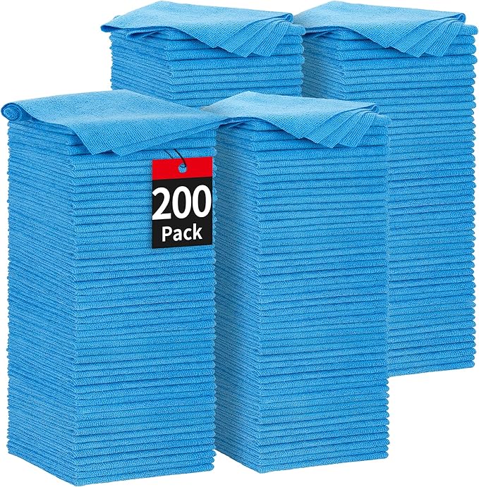 HOMERHYME Microfiber Cleaning Cloth, 200 Pack Blue Cleaning Rags Microfiber Towel Bulk Absorbent Lint-Free Wash Cloths, All-Purpose Towels for Cars, Shop, Automotive, Garage, Home & Kitchen