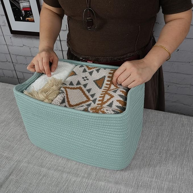 Cotton Rope storage Basket Bins Woven Basket for Organizing Shelves 15X10X9.3" Rectangle Decorative Baskets For storage Clothes Toys Books Towels Nursery basket organizer 3 pack Green