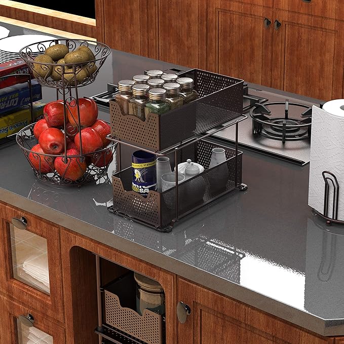Simple Houseware 2 Tier Sliding Cabinet Basket Organizer Drawer, Bronze