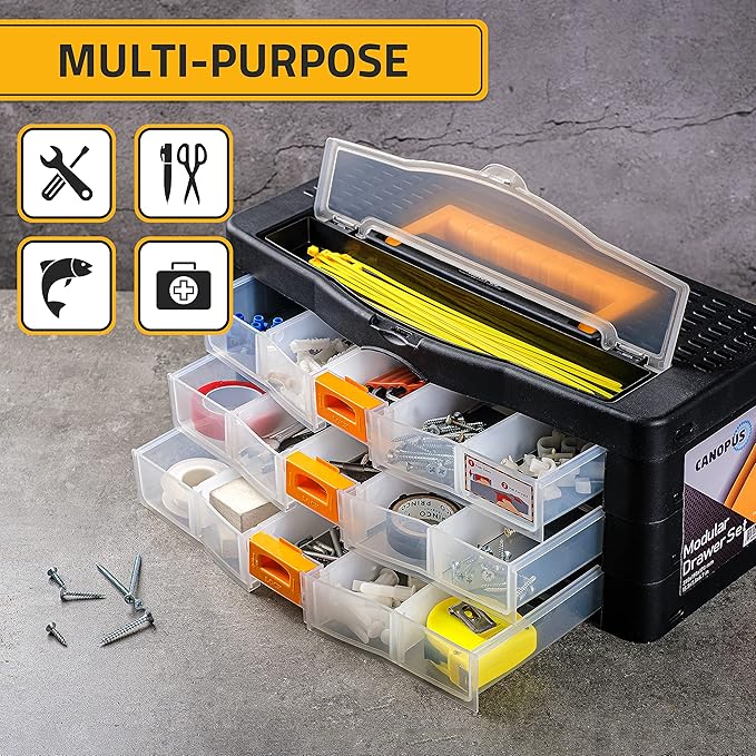 CANOPUS Craft Organizer with Drawers, 15-in Modular Drawer Case, Storage Organizer with Transparent Drawers, Portable Plastic Tool Box for Small Tools, Crafts, Screws, Bolts, Hardware and Small Parts