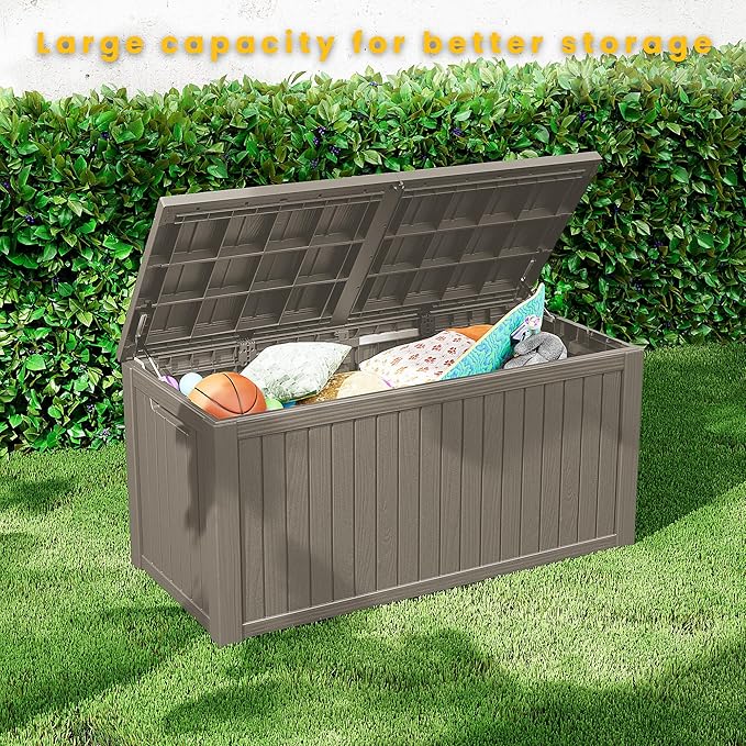 Outdoor Storage Box Waterproof, 150 Gallon Lockable Resin Deck Box Large, Patio Storage Bin for Pool Accessories Cushion Furniture, Garden Tools, UV-Resistant Outside Delivery Grey