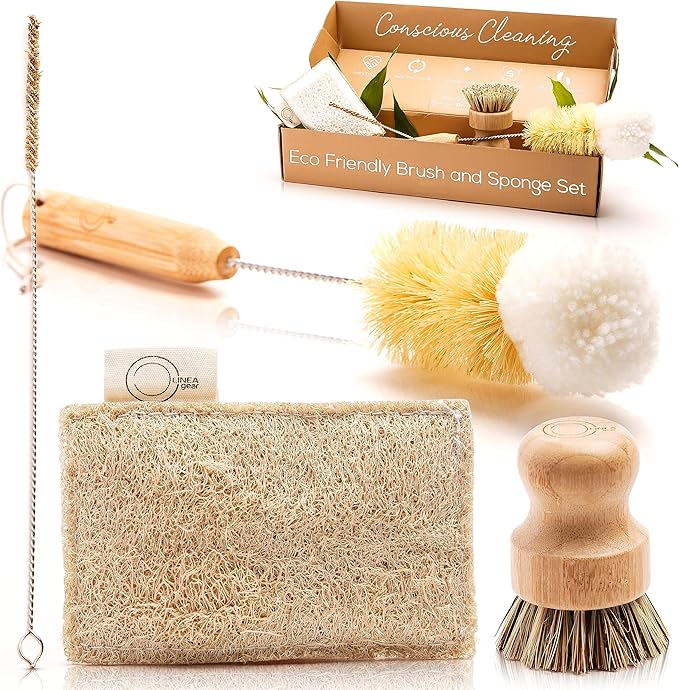 Bamboo Dish Brush Set – Eco Kitchen Cleaning Kit | Bottle Brush, Straw Brush, Scrubber & Sponge | Plastic-Free, Space-Saving, Sustainable