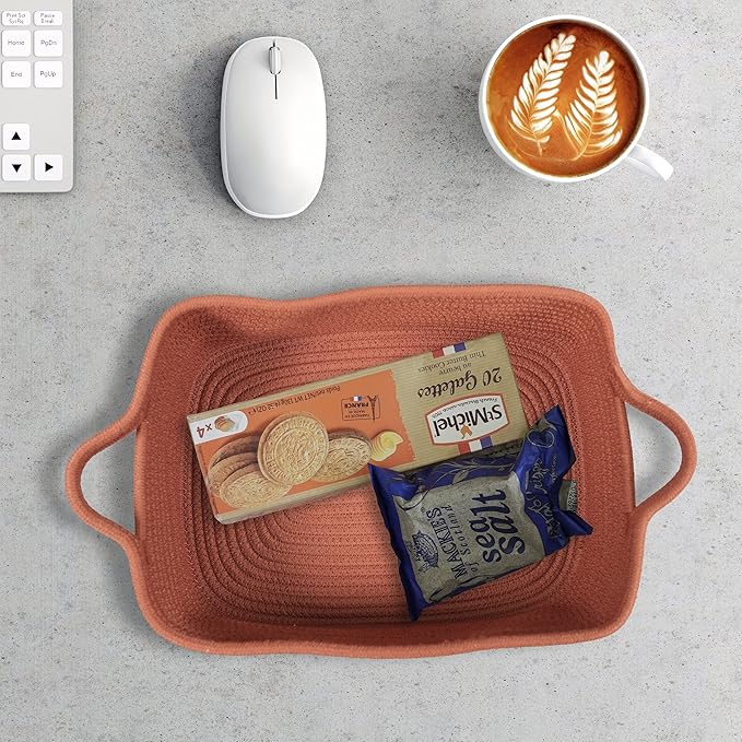 Woven Cotton Rope Storage Basket with Handles for Organizing Shelves Closet Small Cat Dog Pet Toy Baskets Box Bin Decorative Rectangle Baby Nursery Basket Gift Basket Empty (Rust)