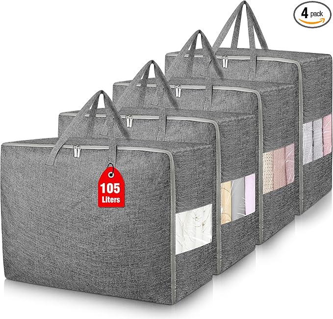 4Pack 105L Extra Large Storage Bags, Folding Comforter Blanket Storage Bags Closet Organizers and Storage Containers for Clothes with Strong Handles&Zippers Clear Window for Bedding Pillow Black