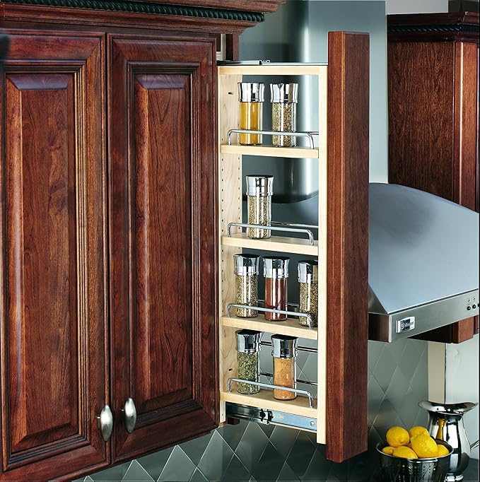 Rev-A-Shelf 3" W x 36" H Pull Out Quad Shelf Organizer for Wall & Base Kitchen Cabinets, Full Extension Filler Spice Rack, Adjustable, Wood, 432-WF36-3C
