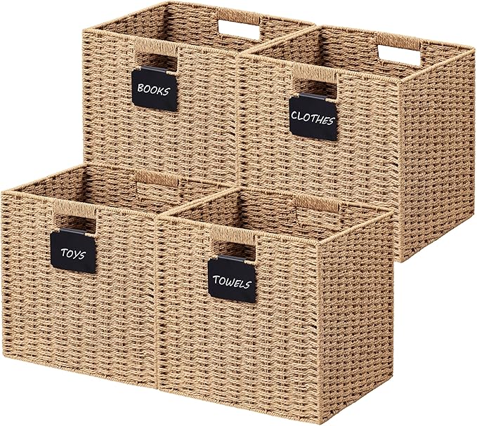 UBBCARE 4 Pack Wicker Basket, 12×12 Storage Cubes with Label, Foldable Cube Storage Bin with Handle, Square Storage Basket for Shelves, Woven Paper Rope Basket for Organizing, Light Brown