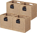UBBCARE 4 Pack Wicker Basket, 12×12 Storage Cubes with Label, Foldable Cube Storage Bin with Handle, Square Storage Basket for Shelves, Woven Paper Rope Basket for Organizing, Light Brown