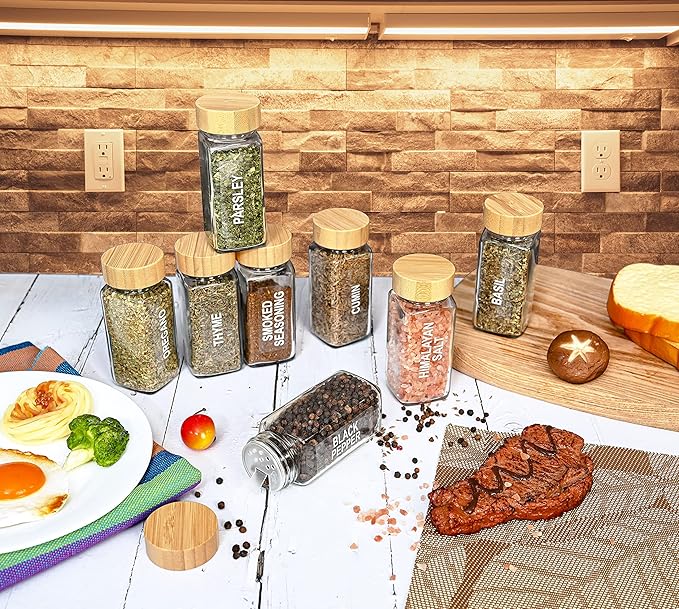Glass Spice Jars with Label Set, Bamboo Lids & Funnel - Kitchen Airtight Storage Jars with Lids - Spices and Seasonings Sets Organizer, Spice Glass Jar with Lid Food Canister Bottle Sugar Shaker