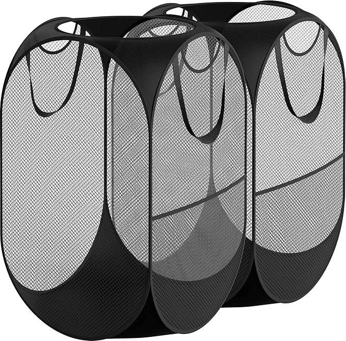 Simple Houseware Mesh Pop-Up Laundry Hamper Basket with Side Pocket, Black - 2 Pack